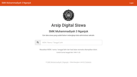 Antarmuka halaman utama Arsip Digital Siswa, menampilkan kolom pencarian data siswa berdasarkan NISN, Nama, atau Tanggal Lahir dengan desain minimalis putih.
