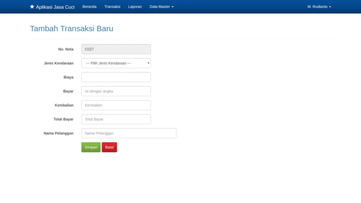 Antarmuka input data transaksi aplikasi kasir jasa cuci kendaraan mobil dan motor.