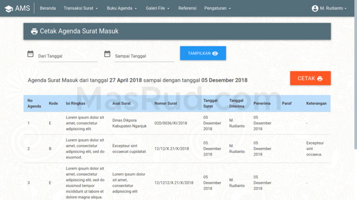 Tampilan halaman daftar agenda surat.