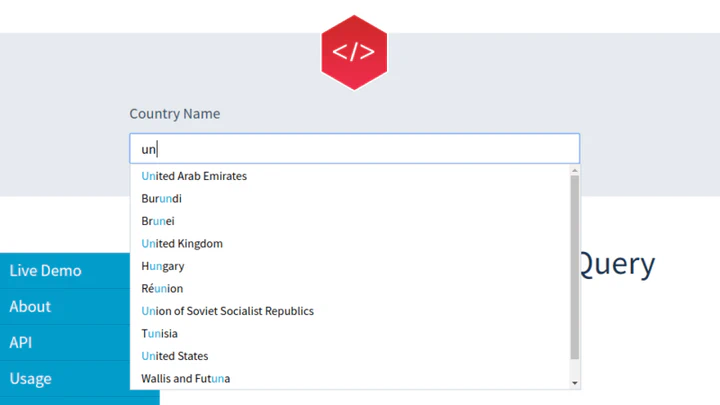 Contoh antarmuka dropdown autocomplete yang menampilkan saran nama negara saat mengetik kata kunci.