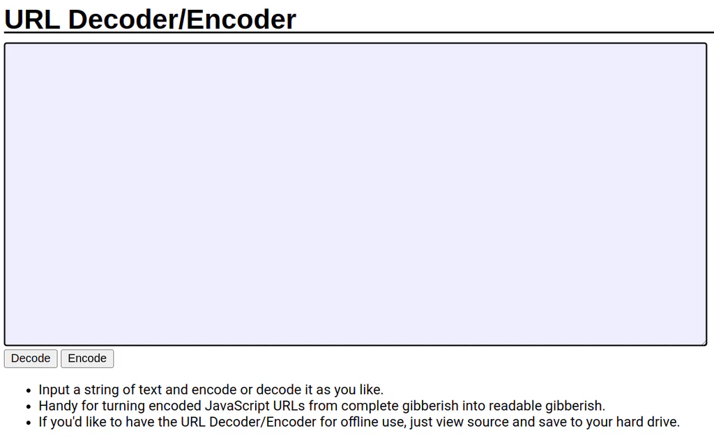 Screenshot antarmuka aplikasi web URL Decoder/Encoder dengan kolom input dan tombol navigasi.