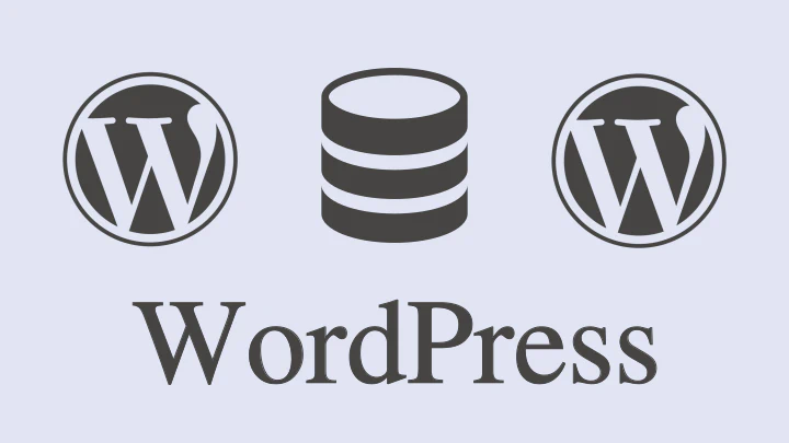 Ilustrasi dua logo WordPress yang terhubung ke satu ikon database di tengah dengan latar belakang abu-abu muda.