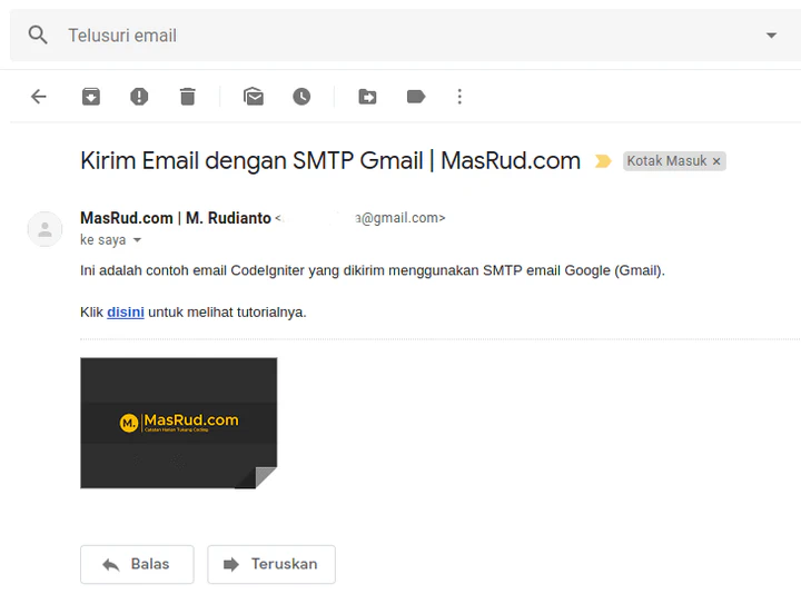 Contoh tampilan email masuk di Gmail yang dikirim melalui SMTP CodeIgniter.