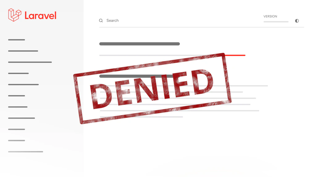 Ilustrasi error permission denied pada framework Laravel dengan stempel merah bertuliskan Denied.