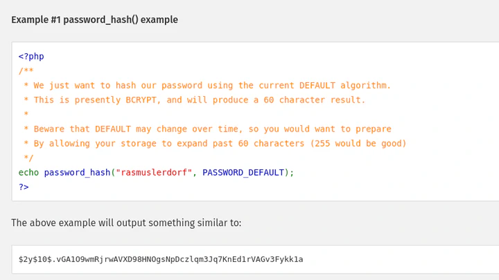 Contoh penggunaan fungsi password_hash pada PHP menggunakan algoritma PASSWORD_DEFAULT untuk menghasilkan hash kata sandi BCYRP sepanjang 60 karakter.
