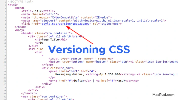 Contoh kode HTML implementasi CSS versioning menggunakan query string pada tag link stylesheet.